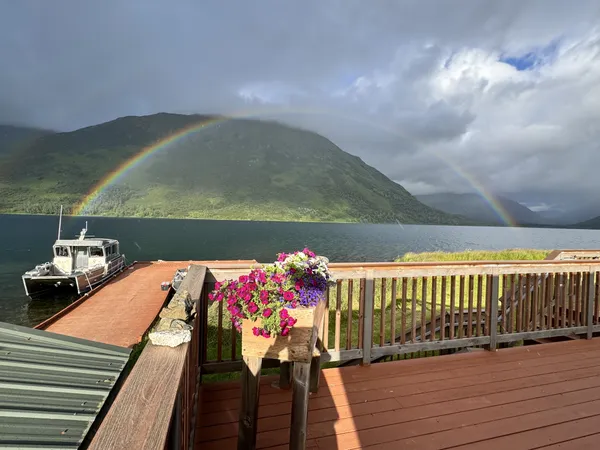 A rainbow over the lodge